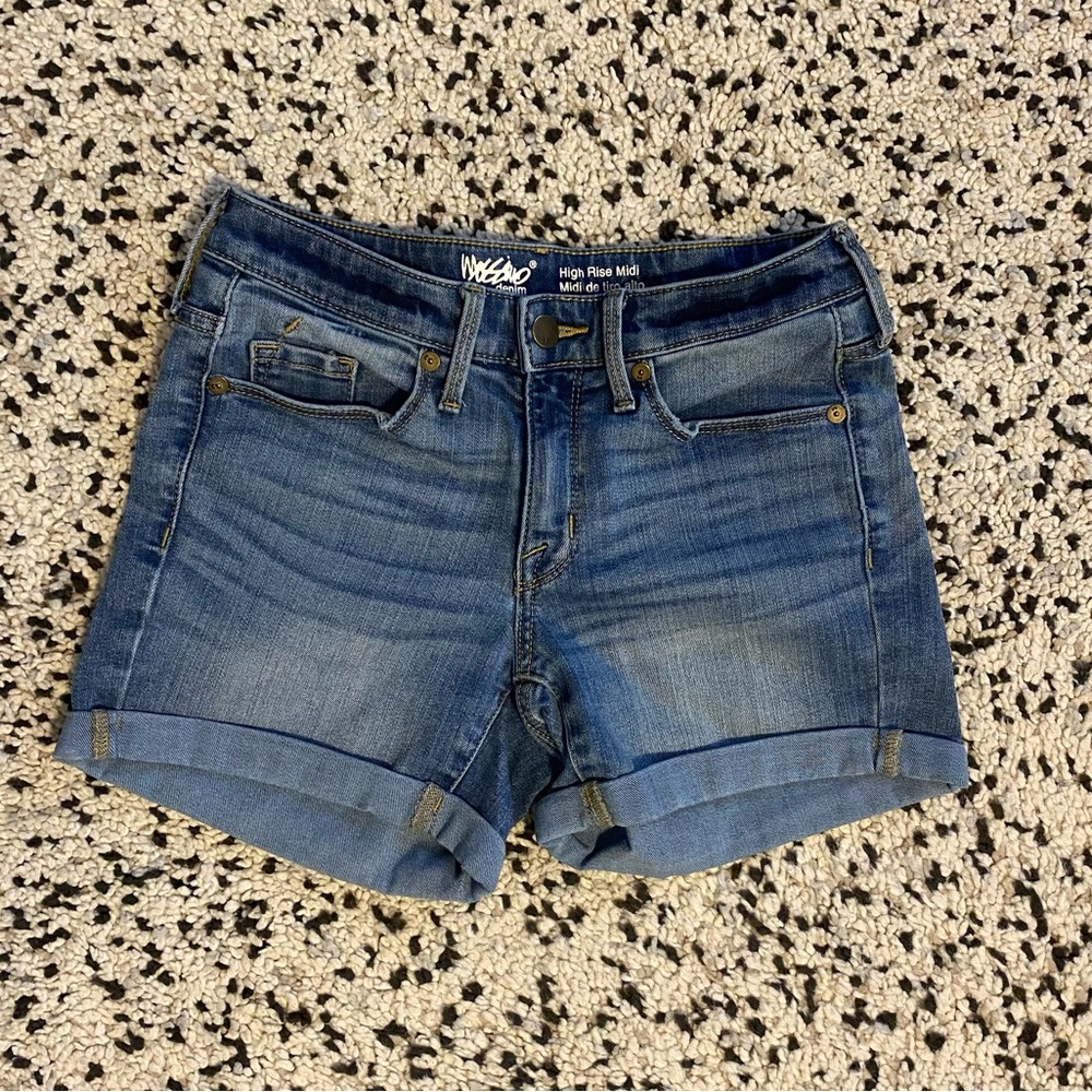 High Rise Midi Denim Shorts